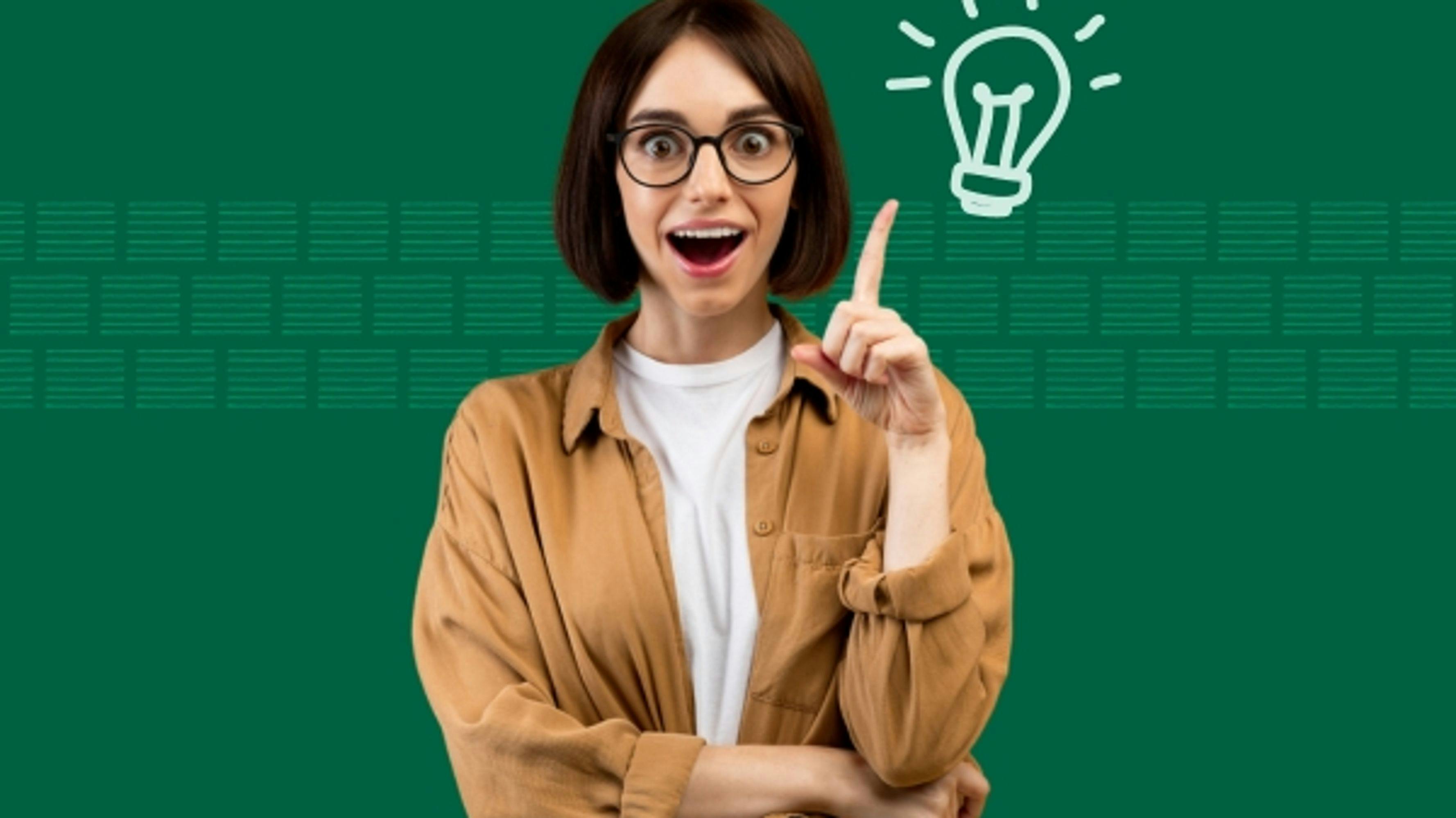 Girl excited with doodle lightbulb next to her