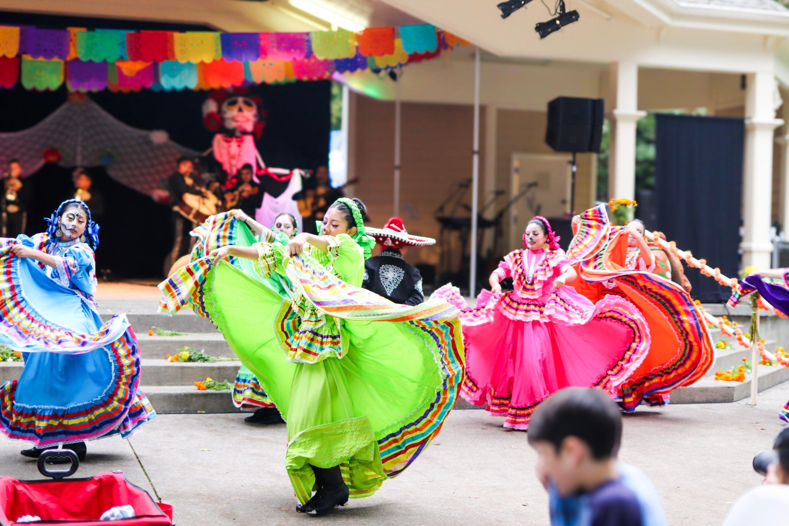 Vancouver Ballet Folklorico performers dancing at a Dia de los Muertos celebration in 2023 at Esther Short Park in Vancouver, WA