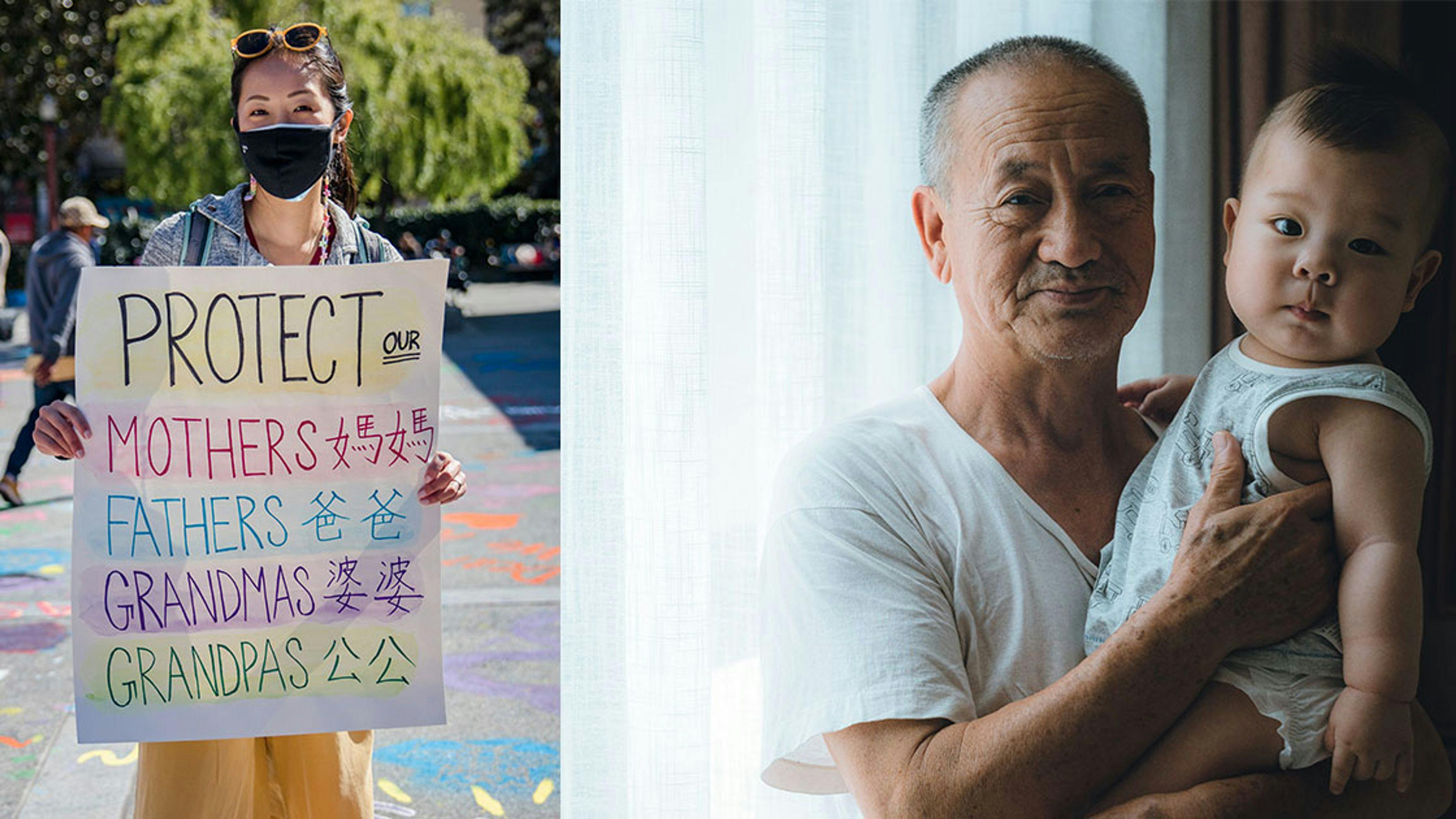 An Asian woman holding a sign reading Protect our Mothers, Fathers, Grandmas, Grandpas; and an Asian man holding a baby