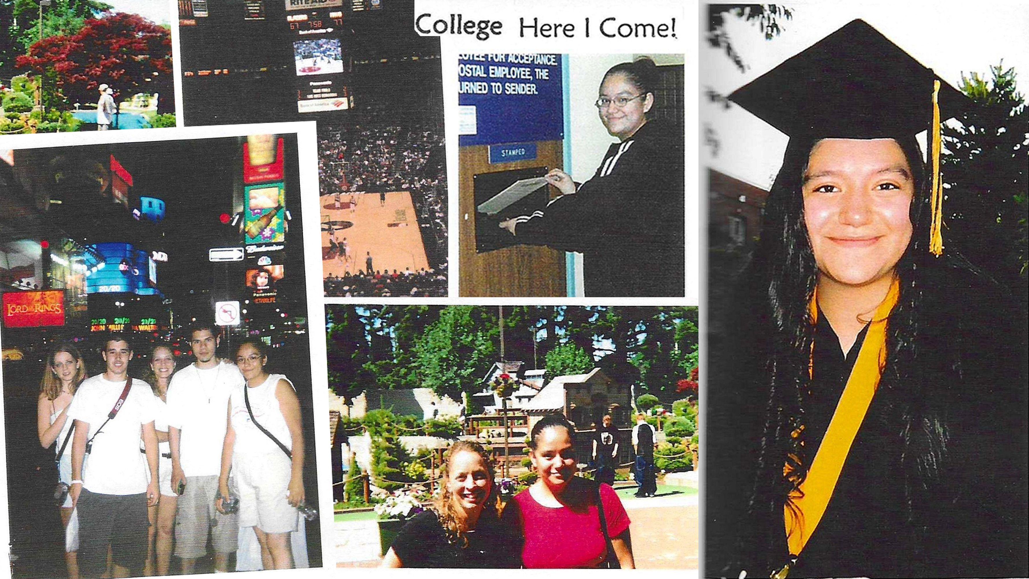 A collage of photos from I Have A Dream class of 2003 featuring Elizabeth Najera