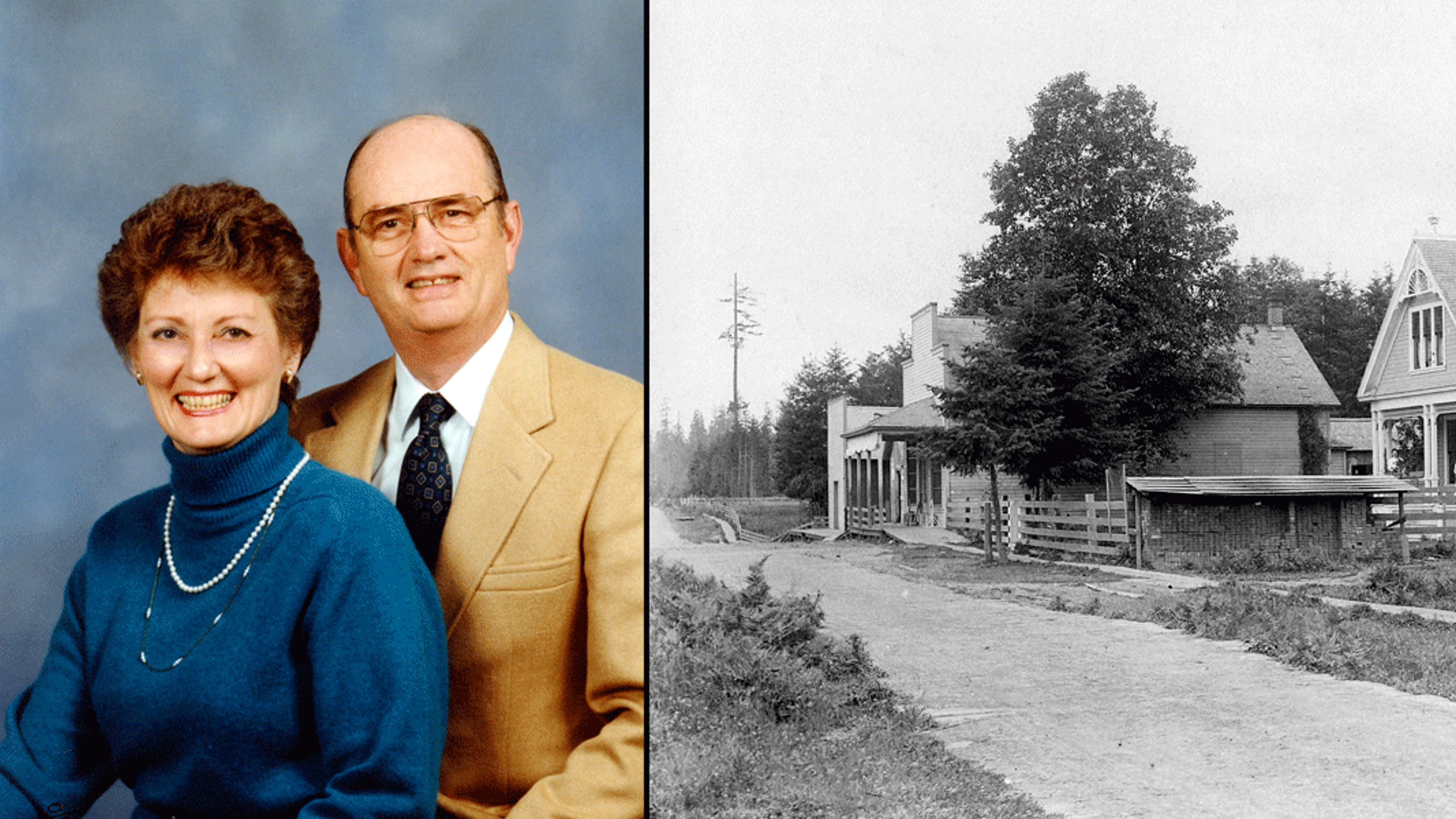 The Malmquist couple, a woman smiling brightly and a man smiling behind her, and an old photograph of a house on a dirt road