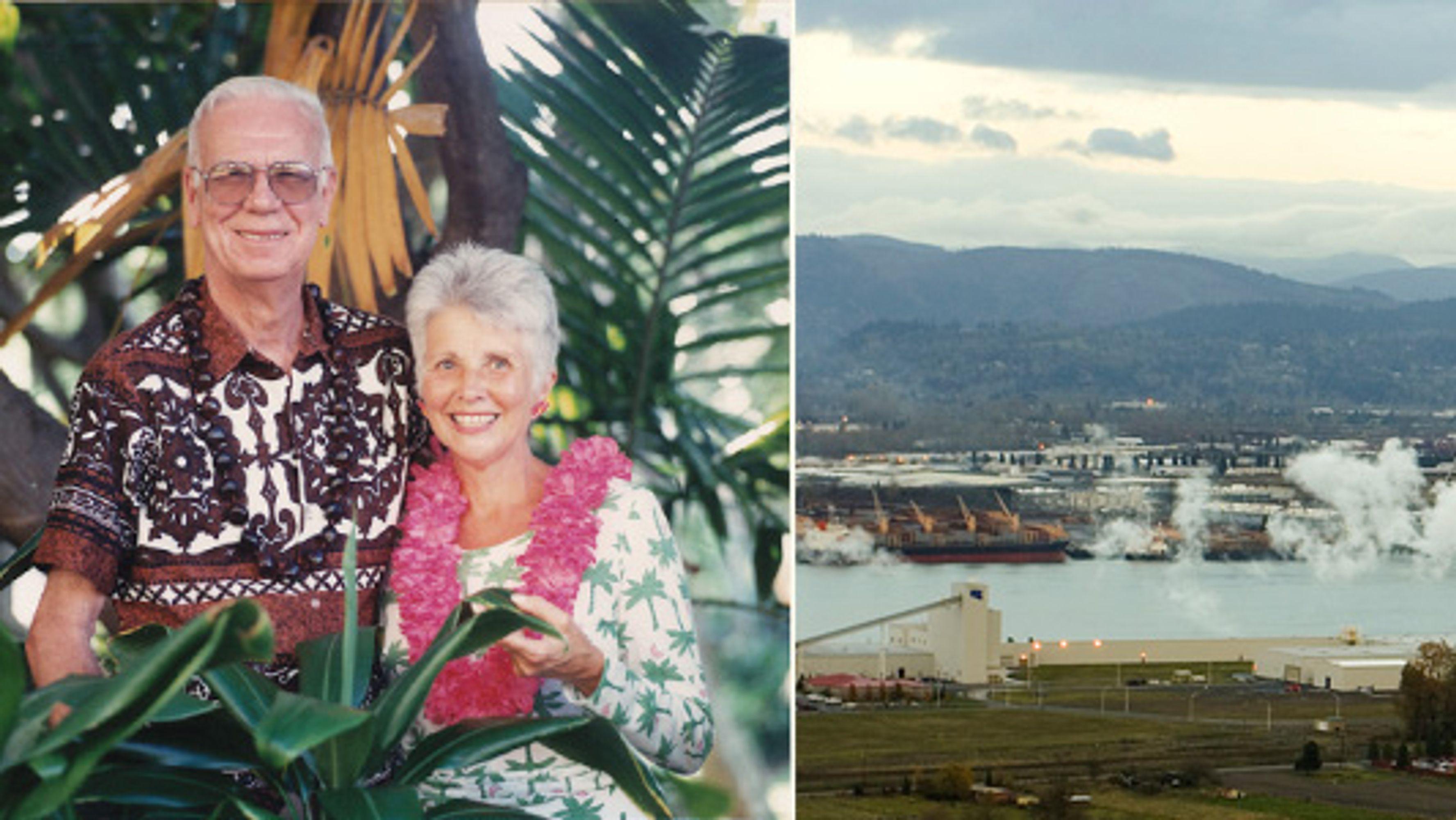 An elderly couple, a man and woman, surrounded by tropical plants smiling at the camera, next to an image of an industrial district near a river