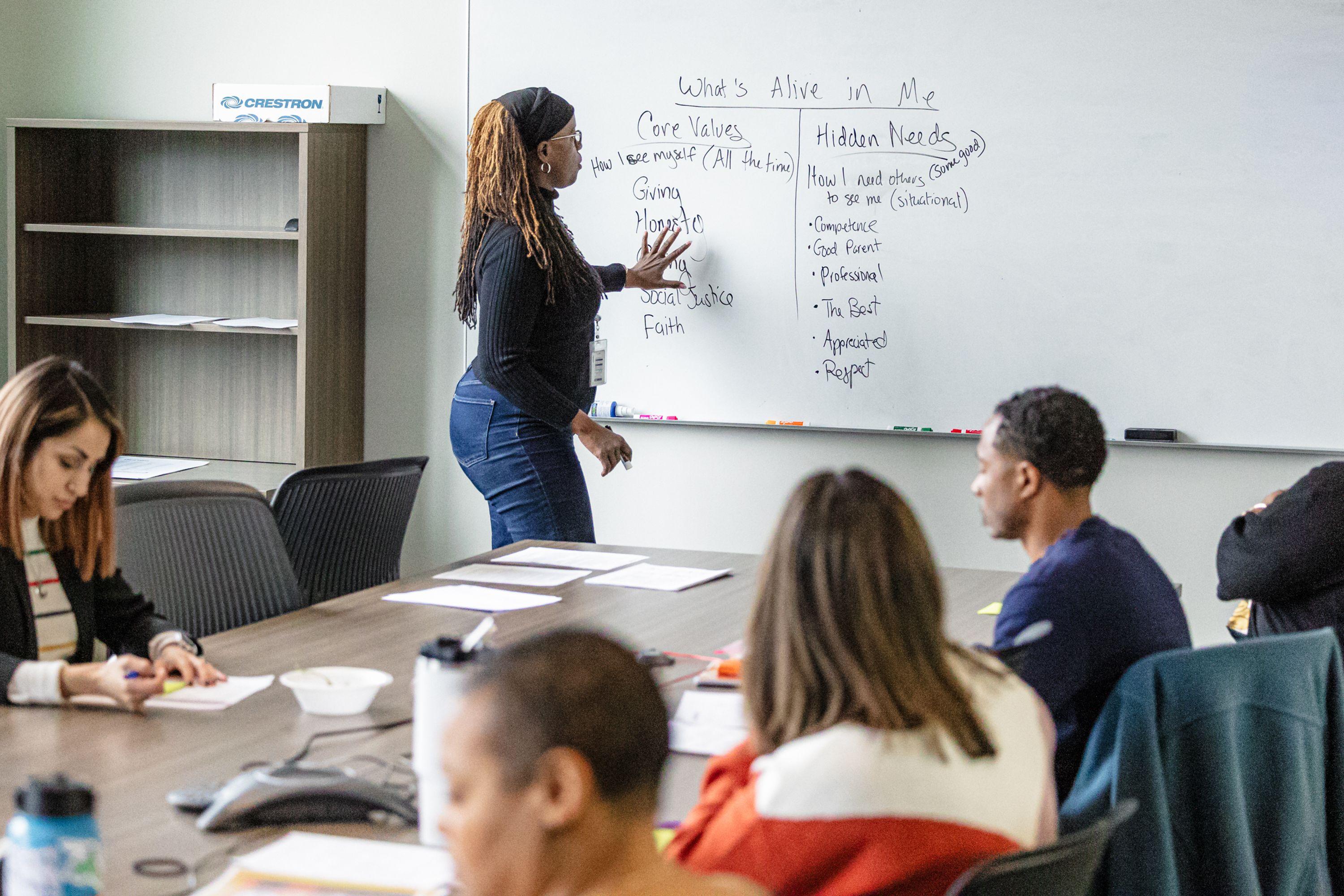 An Adaptive Equity Leadership Institute meeting, created by Red Sea Road Consulting. A Black woman at a white board in front of a group of diverse people at a conference table.