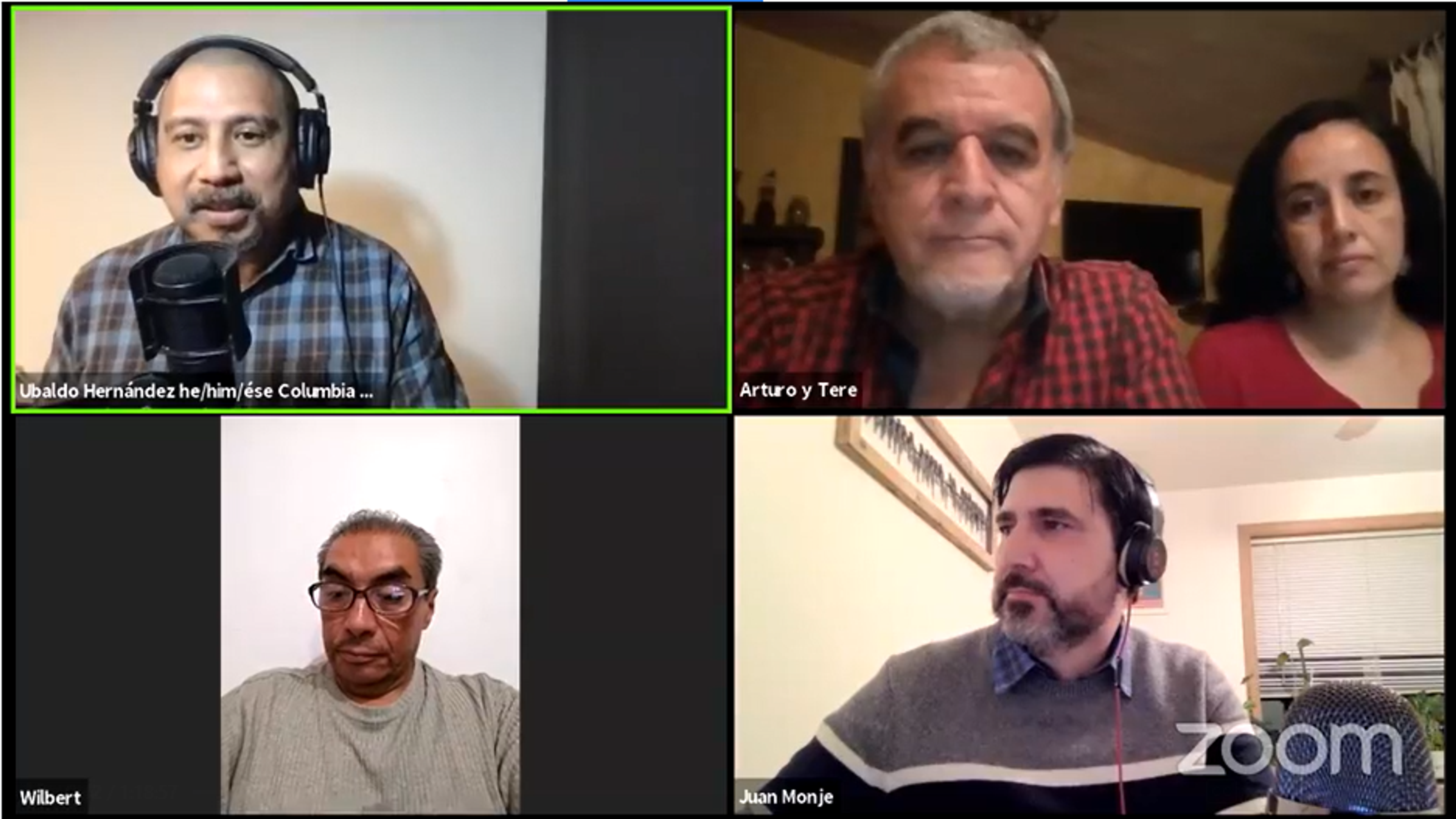 A Zoom screenshot of four Latino men and one Latino woman during a Voces del Noroeste session