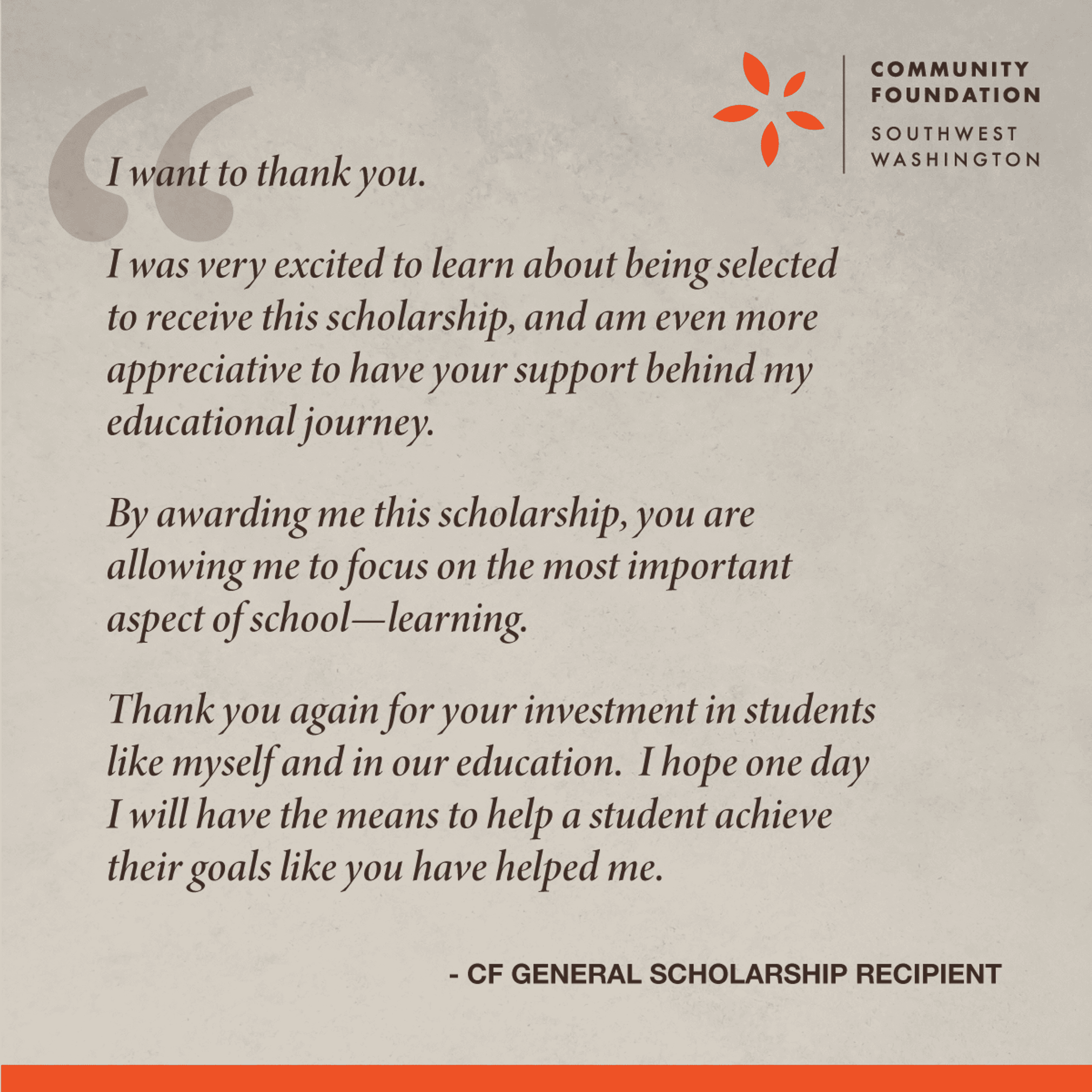 Thank you note from a General Scholarship Recipient