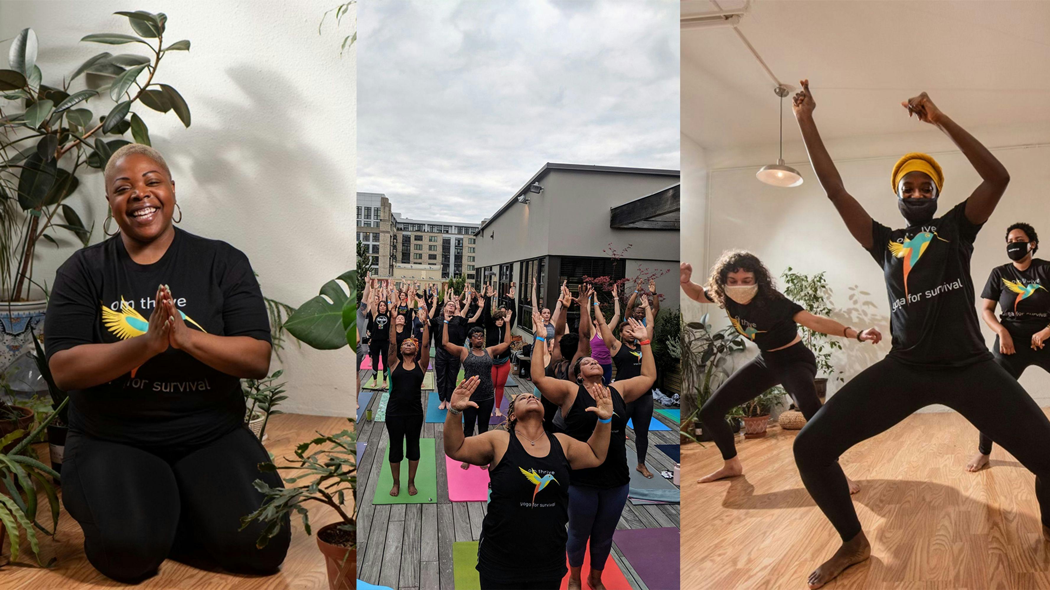 Day Bibb, founder of Om Thrive; a rooftop yoga class; an indoor yoga class