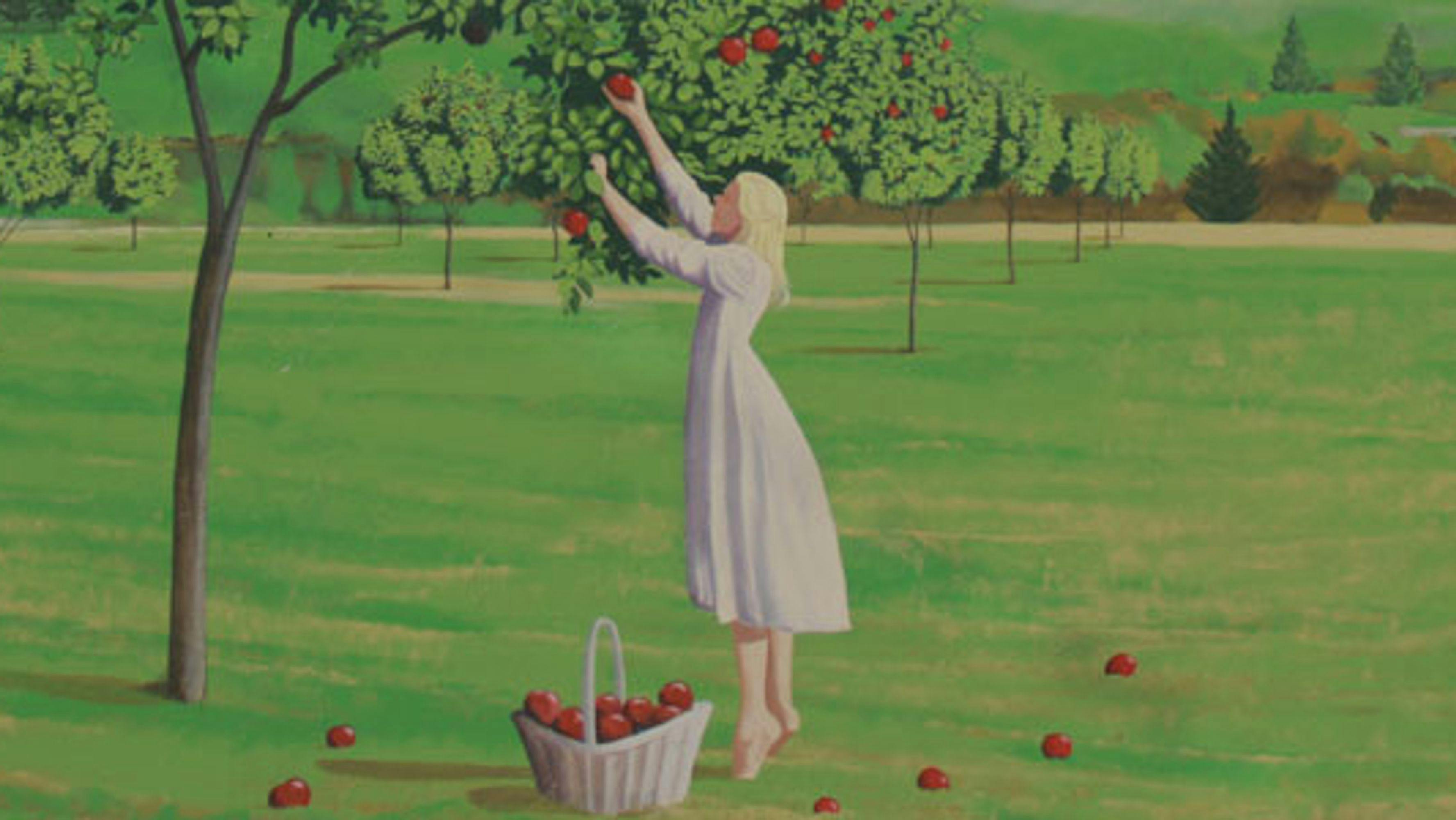 A painting of a woman picking apples from a tree